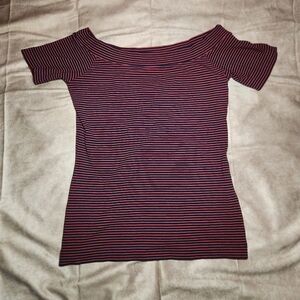 J Crew Off the Shoulder Red and Navy Striped Top